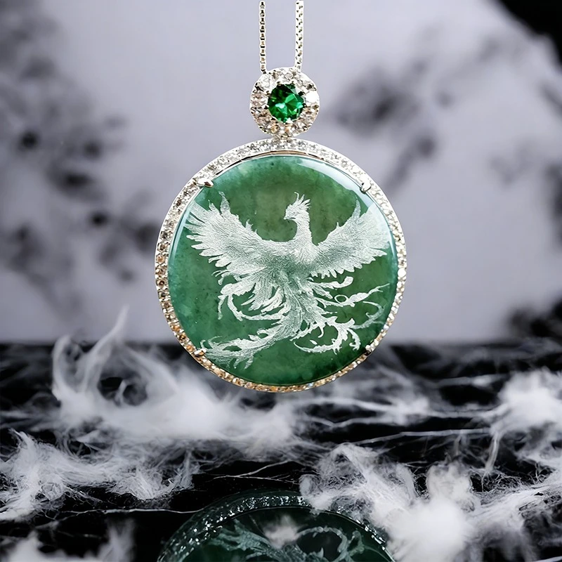 S925 Silver New Natural Real Emerald Stone-shadow Carving Phoenix Pendant Necklace Jewelry Charm Designer Luxury Gifts for Women - view 6