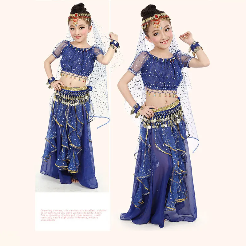 

Kids Sari India Shiny Belly Dance Set Girls Arabian Bollywood Costume Stage Performance Top Skirt Halloween Cosplay Dress Up