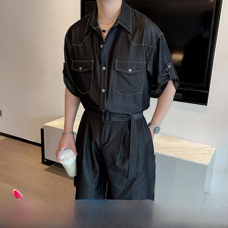 

Summer Men's Denim ort Sve irt Set High Waist ort Pants Anti-Wrinkle Draped Feeling Faionable Workwear Two-...