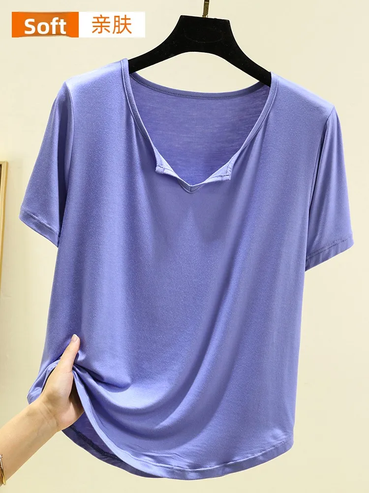 مشروط V-Ne ort Sve تي شيرت المرأة الصيف رقيقة لون نقي فضفاض صالح عادية كبيرة الحجم التخسيس الأعلى يوليو الغزلان العلامة التجارية #3