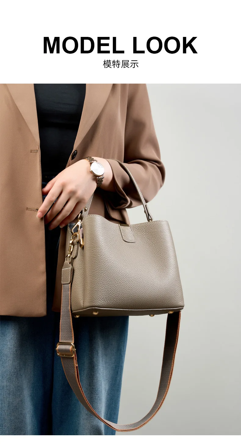 

Women Pebbled Genuine Cowhide Tote Bucket Bag Minimal Solid Color Top Layer Leather Wide Strap Crossbody Handbag For Office Trav