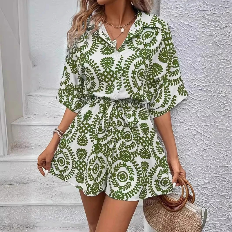 Fashion 2024 Women\'s Short Jumpsuit Printed V-neck Button up Bat Sleeves Casual Shirt and Short Jumpsuit