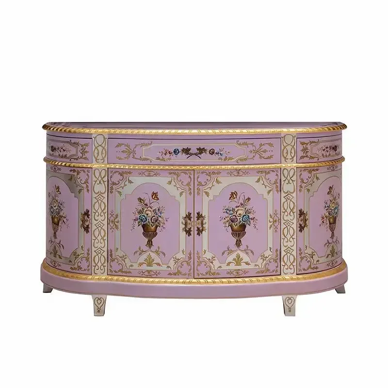 

French Romantic Entrance Cabinet Art Luxury Solid Wood Decorative Cabinet Household Hand Painted Purple Entrance Cabinet