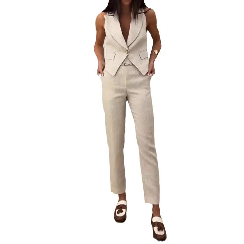 

Faionable Simple Long Vest Suit Women's Two-Piece Set Ele Personali Long Pants Polyester Material Spring Season