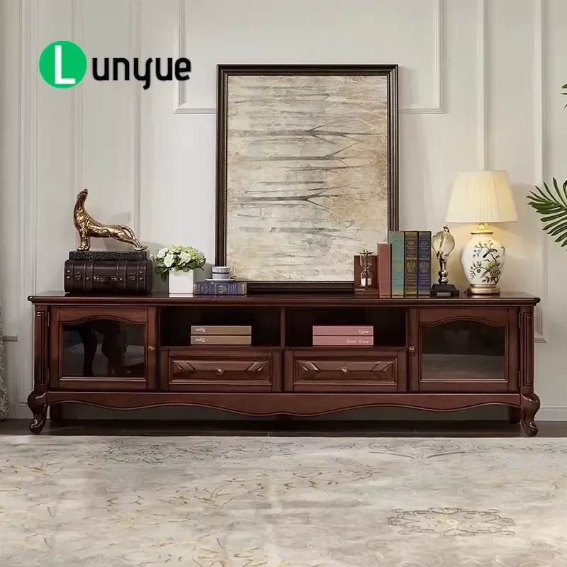 American Solid Wood TV Cabinet Retro Luxury Style Living Room Furniture Villa Home Entertainment Center Storage Console Table