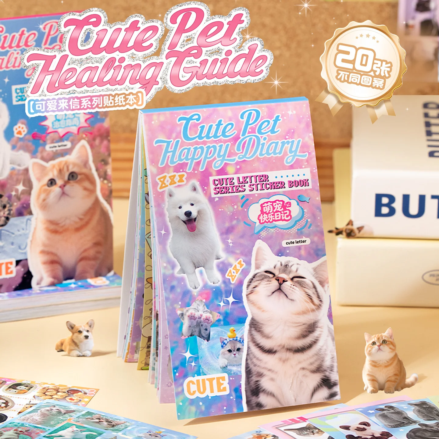 Cute PET Die Cut Stickers Book - 20/40 Sheets Cartoon Pet Theme Handmade Scrapbooking Material for Phone Stickers