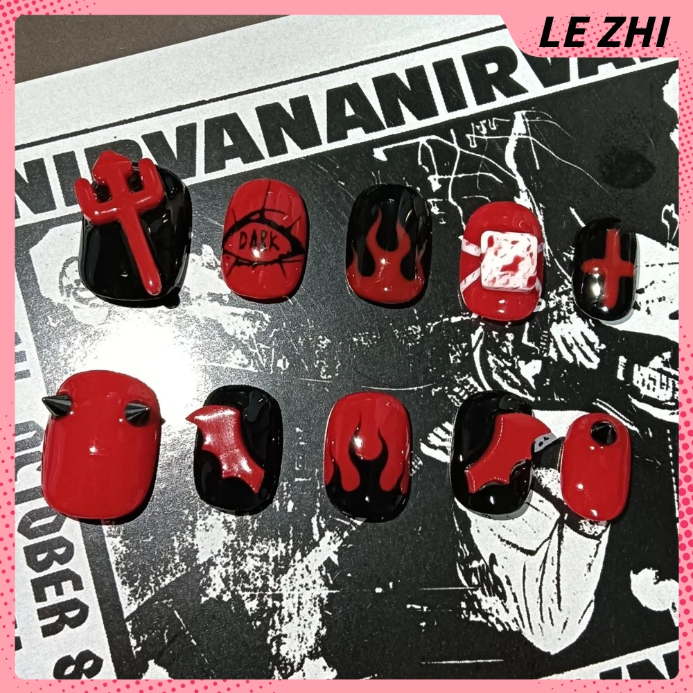 10Pcs Y2K Short Square Round Handmade Reusable Press On Nails Colorful Eyes Sparkle Diamond Stars Cat Paws Wings Fake Nails Gift