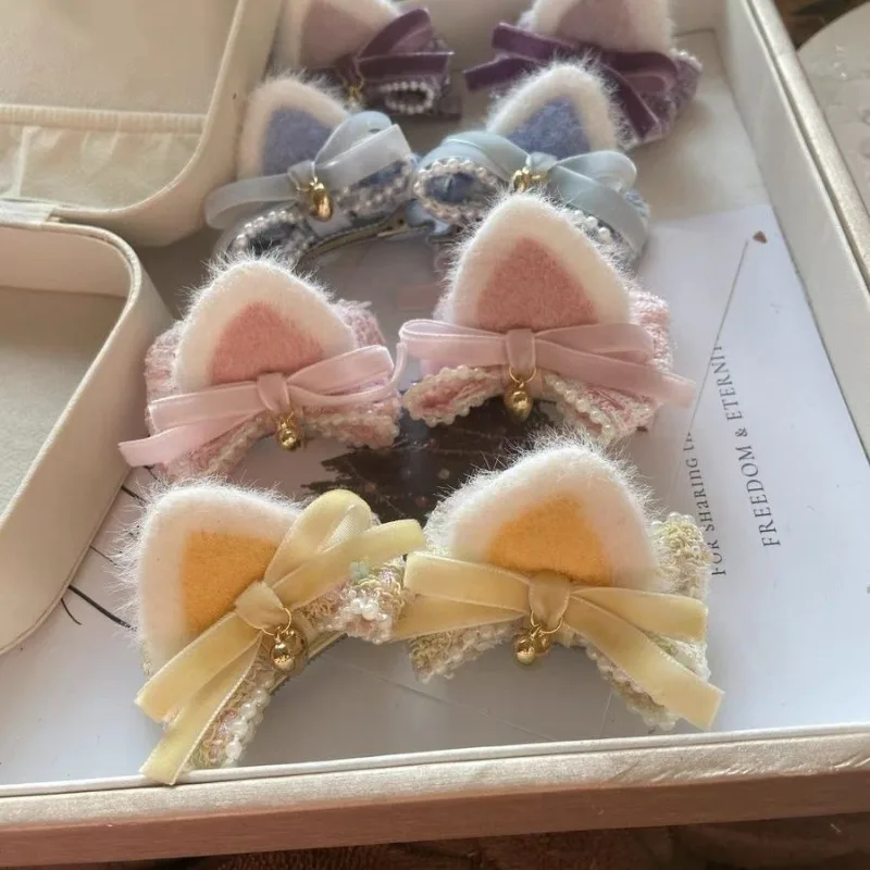 Cute Cat Ear Hair Clips Sweet Bow Bell Decor Hair Pins Soft Plush Hair Accessories for Daily Party Cosplay Lolita Dress Up