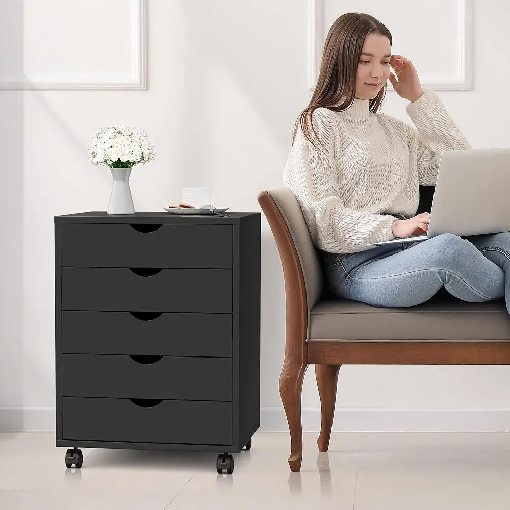 

5-Drawer Chest, Office Storage Dresser File Cabinet With Wheels, Mobile Dresser For Home Office, Black