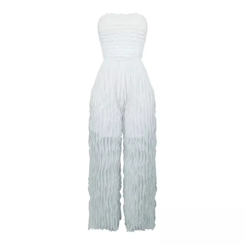 New Sexy Backless Sleeveless Wide Leg Jumpsuit Elegant Tube Top Waist Rompers Fashion Ruffles Strapless One Piece Pants