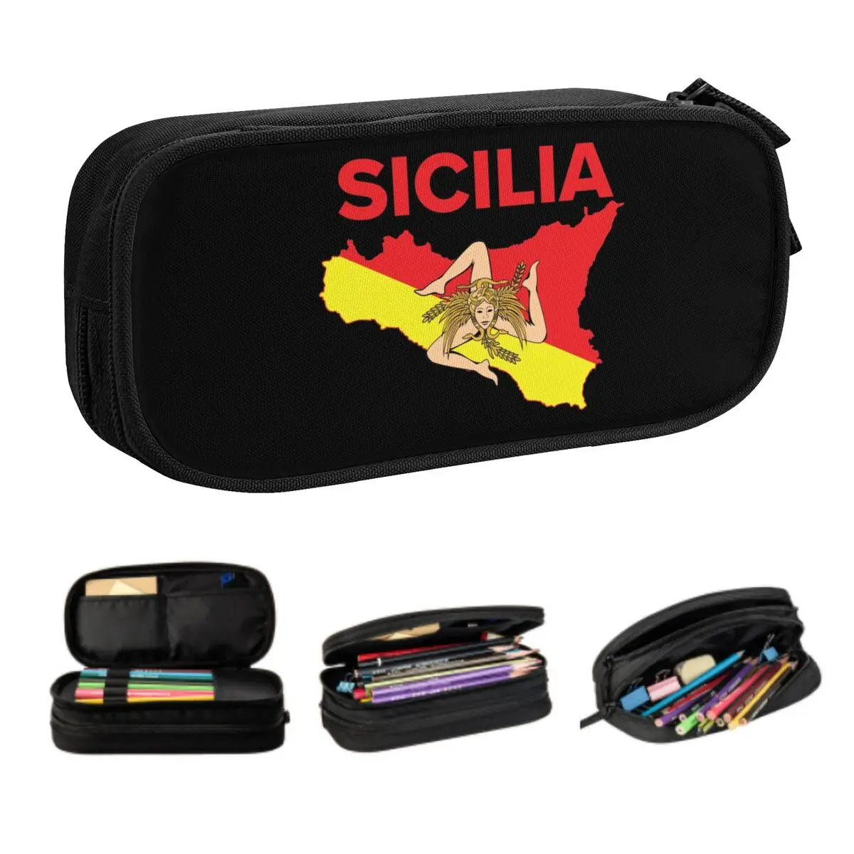 Kawaii Custom Map Of Sicily Trinacria Pencil Cases for Girls Boys Sicilian Pride Large Capacity Pen Box Bag School Supplies