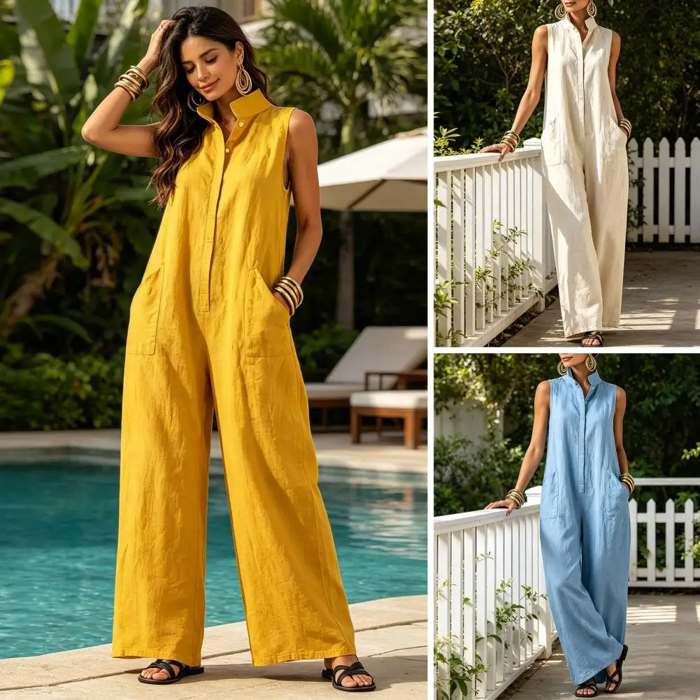 

Elegant Women's Sleeveless Linen Blend Jumpsuit Button Down Collared Romper Casual Loose Summer Beach Vacation Boho Jumpsuits