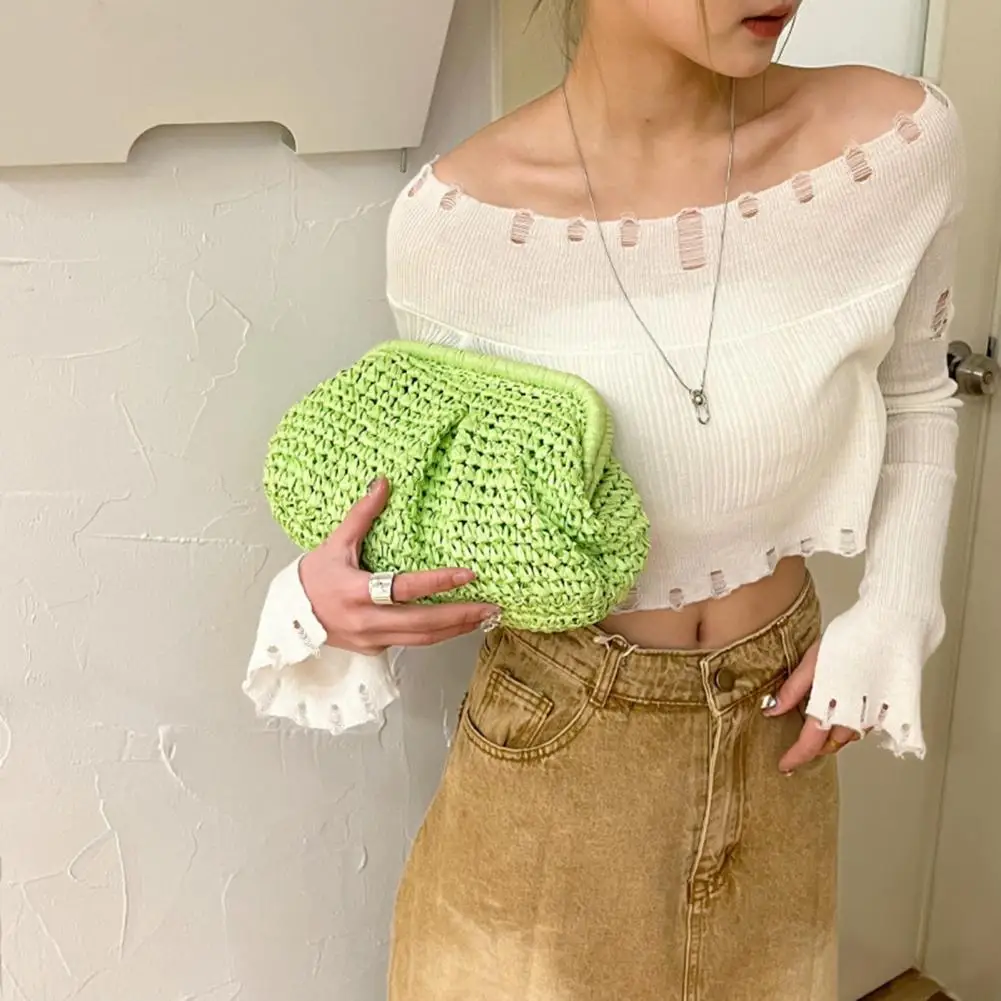 Straw Clutch Handbag Stylish Shell Shape Women's Shoulder Bag with Metal Chain Straw Braided Design Capacity for Commuting