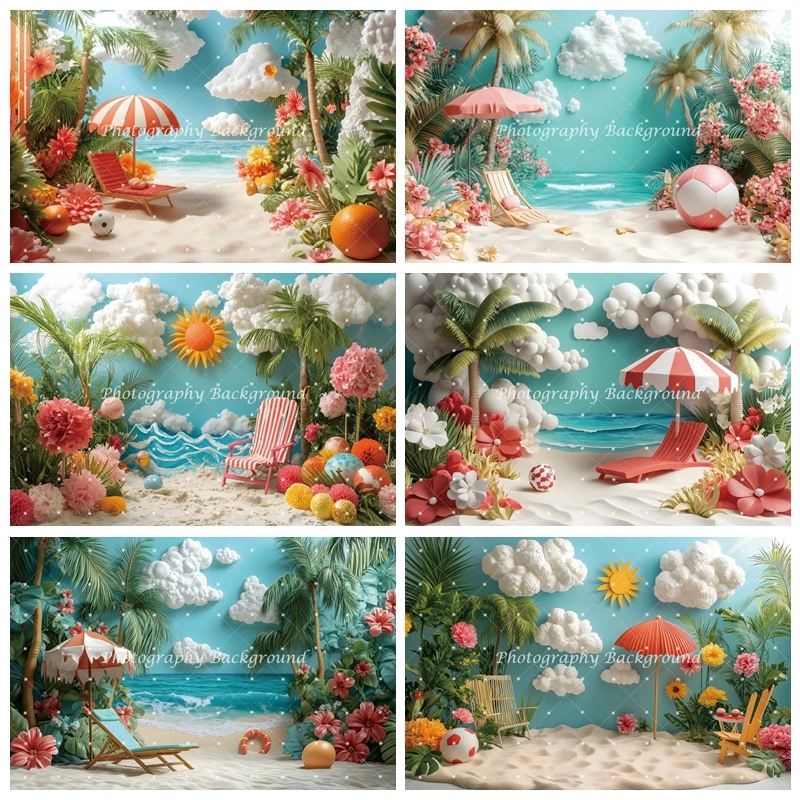 Summer Beach Party Photography Backdrop Parasol Recliner Sun Bath Travel Holiday Photo Photographic Background Photostudio Props