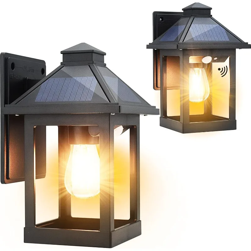 

2 Pack Solar Wall Lanterns Outdoor with 3 Modes, Dusk To Dawn Motion Sensor LED Sconce Lights IP65 Waterproof, Exterior Front