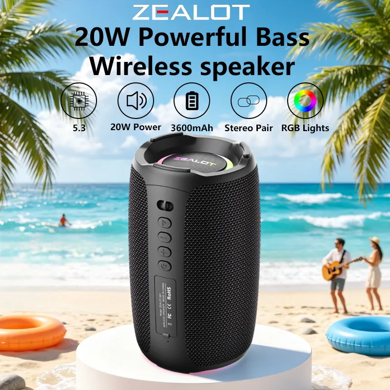 Zealot-S61 Bluetooth Speaker,with IPX6 Waterproof Protection and Outdoor Bass Sound for Backyard and Beach Party,10W Loudspeaker