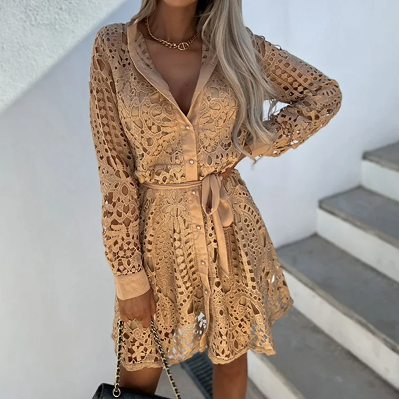 New European American Hollow Lace Dresses Women's Summer Sexy Solid Color Single-breasted Long-sleeve Lace-up Waistband Dress