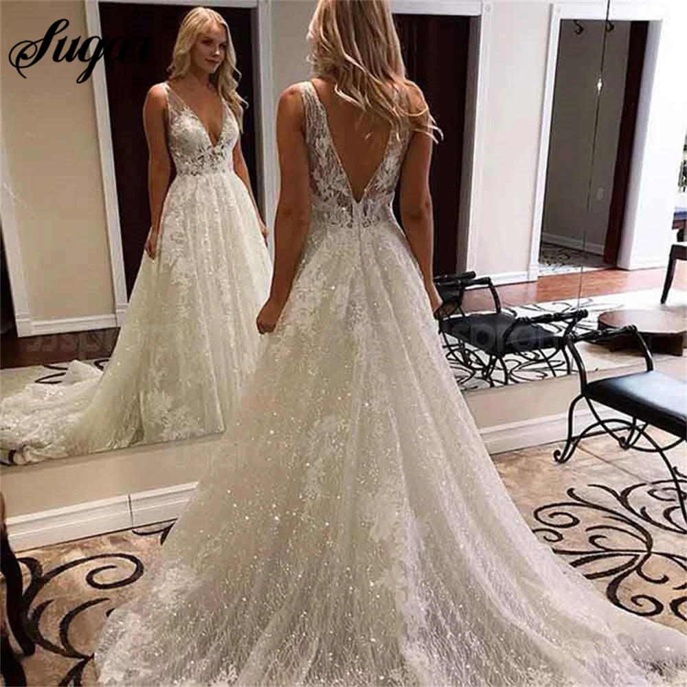 Charming Appliques Lace Wedding Dress Elegant Deep V Neck Wedding Gown Beach Bridal Dress Sexy Bridal Gown vestido novia