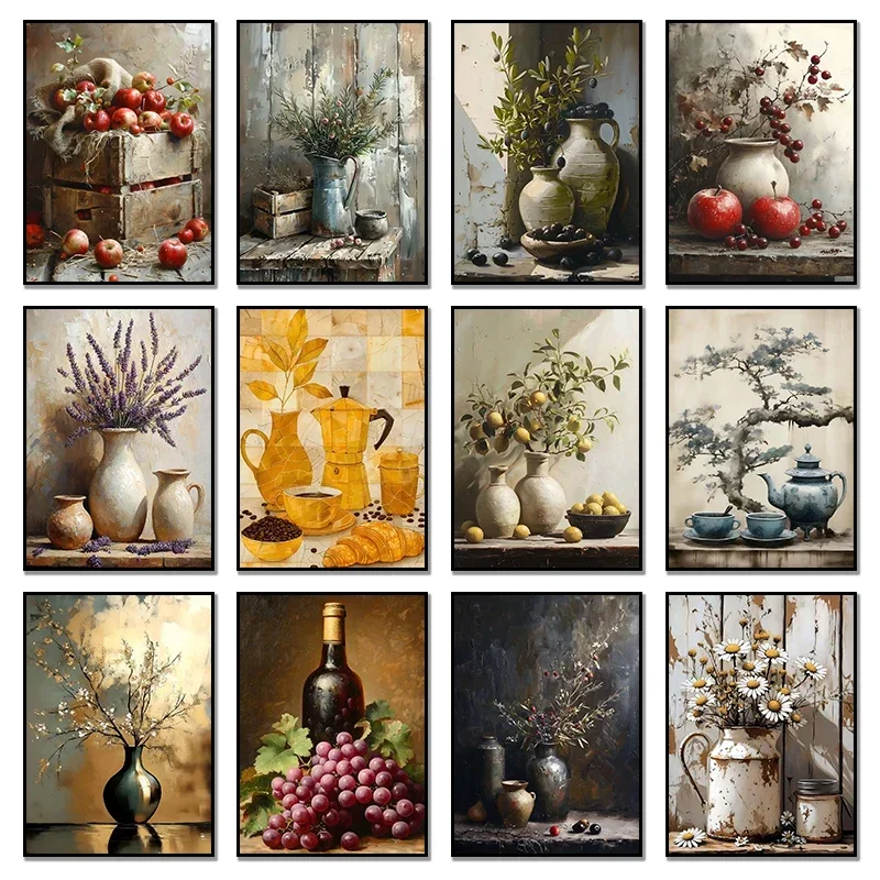 

Винтажные постеры-принты с натюрмортами: лимоны, оливковое дерево, растения в вазе. Настенное искусство, алмазная живопись, ботанические мотивы, антикварный декор для дома и комнаты.
