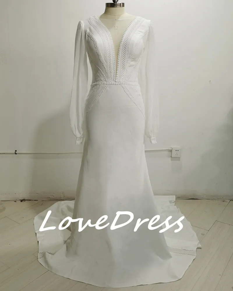 Элегантное свадебное платье LoveDress с глубоким V-образным вырезом, сексуальное шифоновое платье с длинными рукавами, платье для невесты со шлейфом и открытой спиной