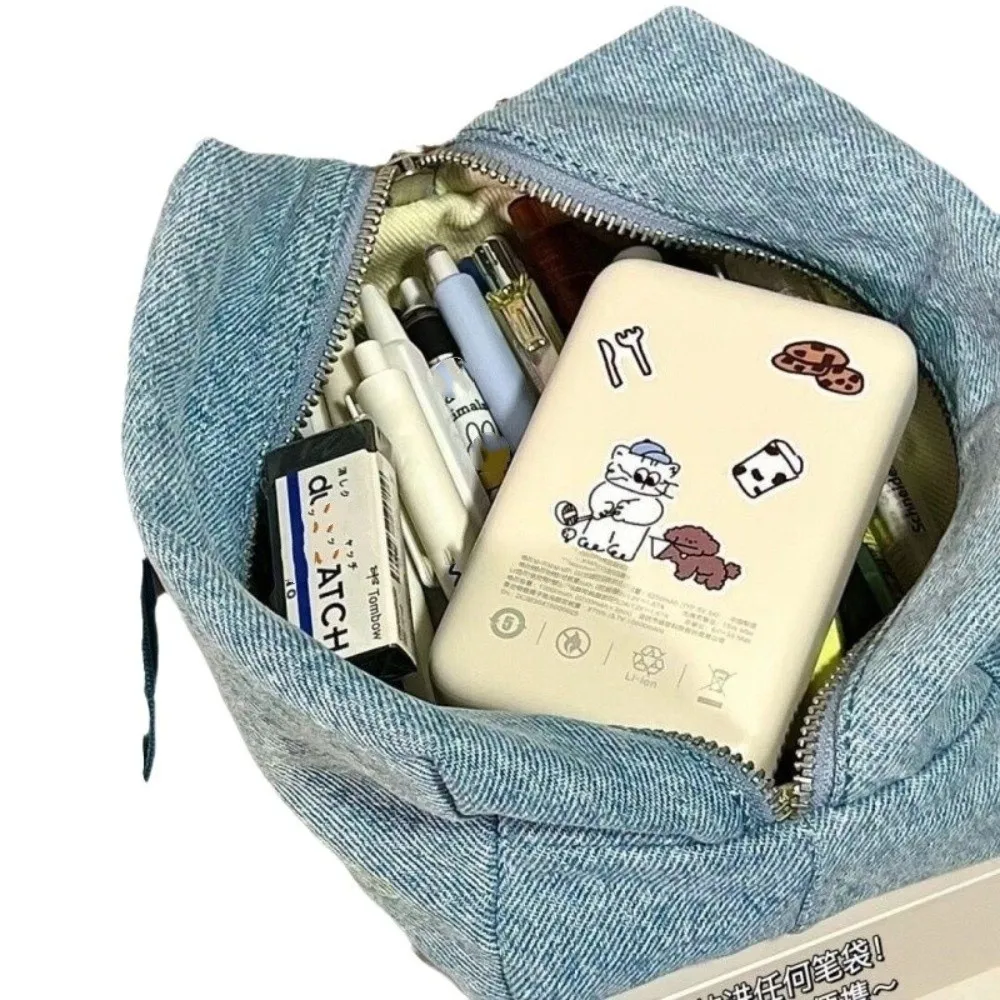 الصلبة اللون الأزرق الدنيم حقيبة مستحضرات تجميل الكورية نمط السفر المنظم جان حقائب مستحضرات التجميل مستطيل خمر القرطاسية حقيبة التخزين #5