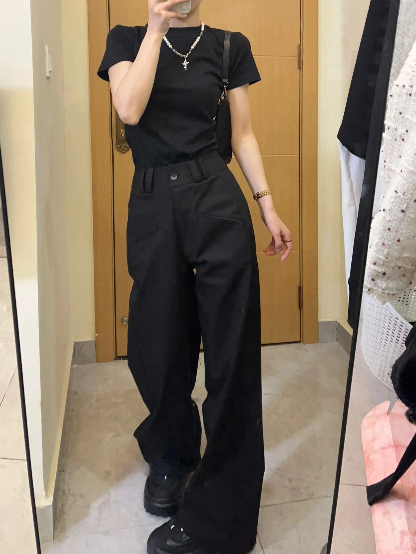 블랙 하이 엔드 Feelsuitbell 바지 여성 여름 아메리칸 스타일 루즈핏 슬리밍 스트레이트 레그 캐주얼 바지 