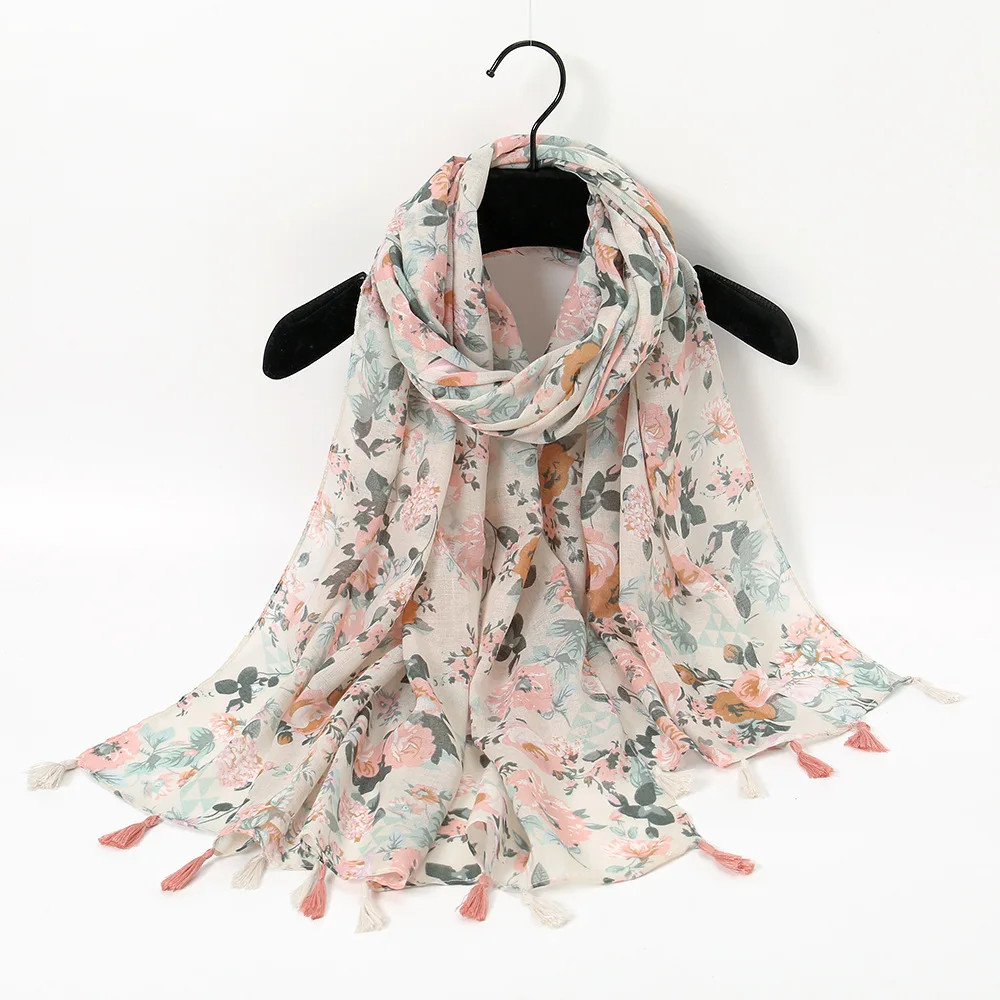 

Elegant Fresh Cotton Hemp Feel Scarf Women's Colorful Flower Handcrafted Tassel Gauze Shawl Travel Sunblock Beach Scarf