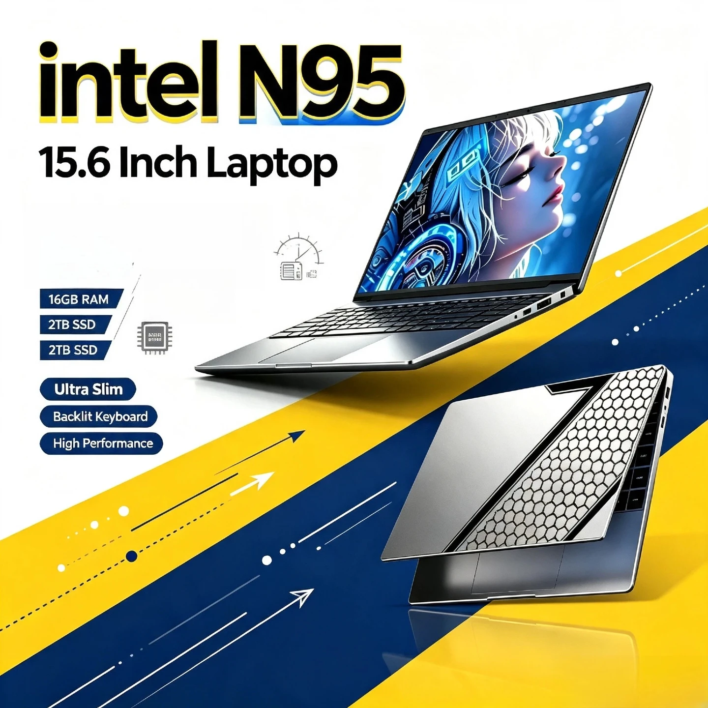 Intel Celeron N95 Laptop 4C 4T 3.4GHz 6MB Cache Ultra Slim Fingerprint Backlit Keyboard 16GB 2TB SSD Notebook PC