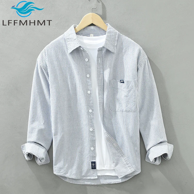

Japan Style Classical Striped Casual Shirt for Men Spring Autumn Fashion Good Quality 100% Cotton Loose Casual Streetwear Blouse