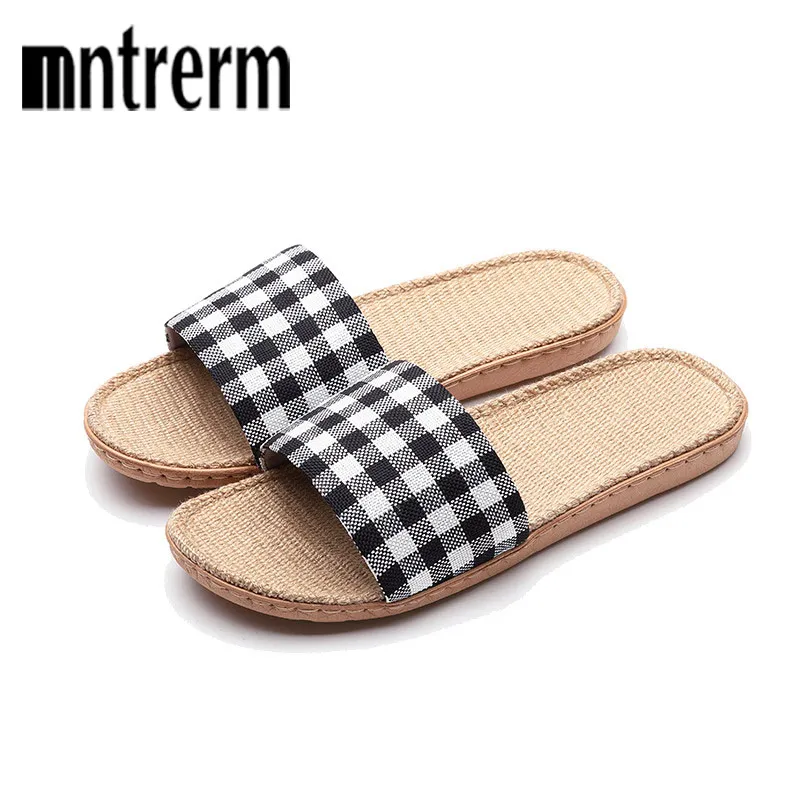 Mntrerm New Linen Slippers For Summer Men\'s Non Slip Spring And Autumn Home Floor  Shoe Home Floor Plaid Slippers