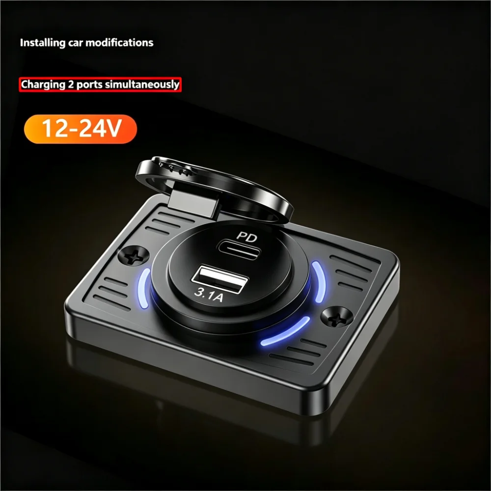 12V-24V PD+USB Car Charger Socket 45W Fast Charge, Blue LED Indicator, Waterproof Flip Cover Embedded Outlet for Car Motorcycle