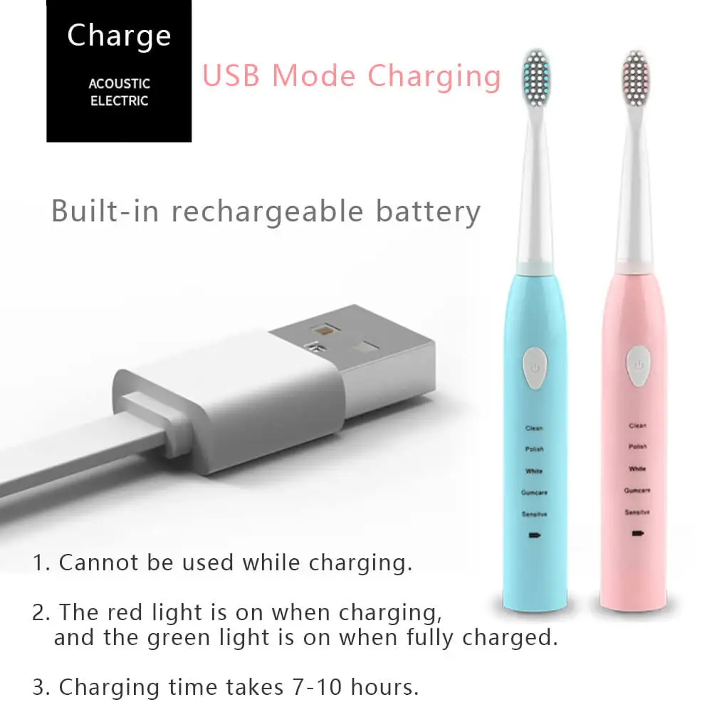فرشاة الأسنان الكهربائية بالموجات فوق الصوتية القابلة لإعادة الشحن USB ، 5 أوضاع ، منظف الأسنان التلقائي سونيك ، مزيل البقع ، طبيب الأسنان مع 4 رؤوس فرشاة