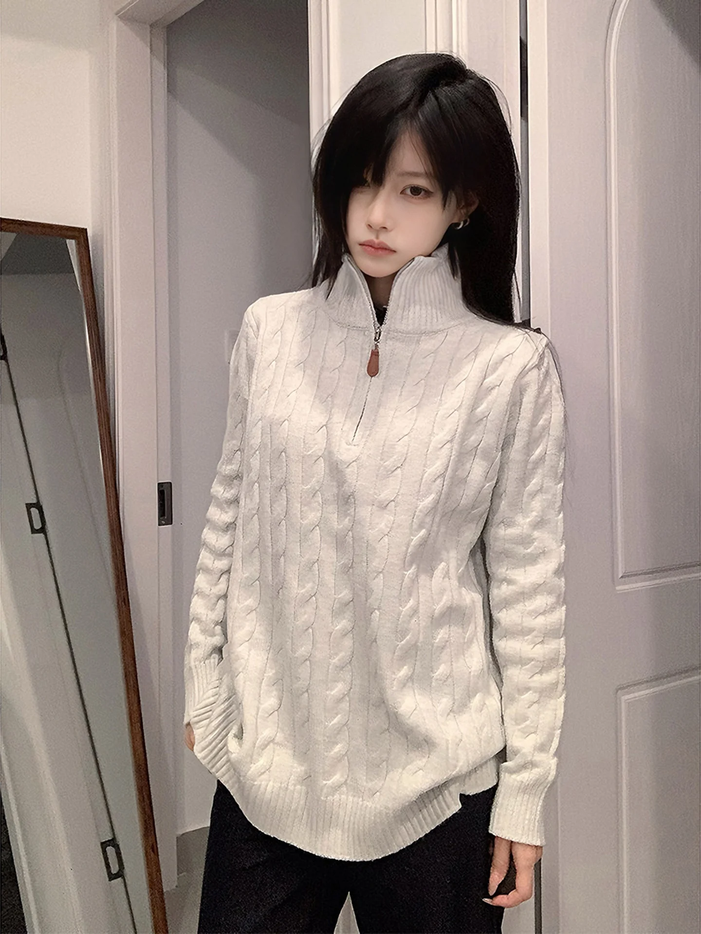 

Мужской вязаный свитер с воротником на молнии до плеч, с узором «косы», теплый, в ретро-американском стиле, модный зимний вариант