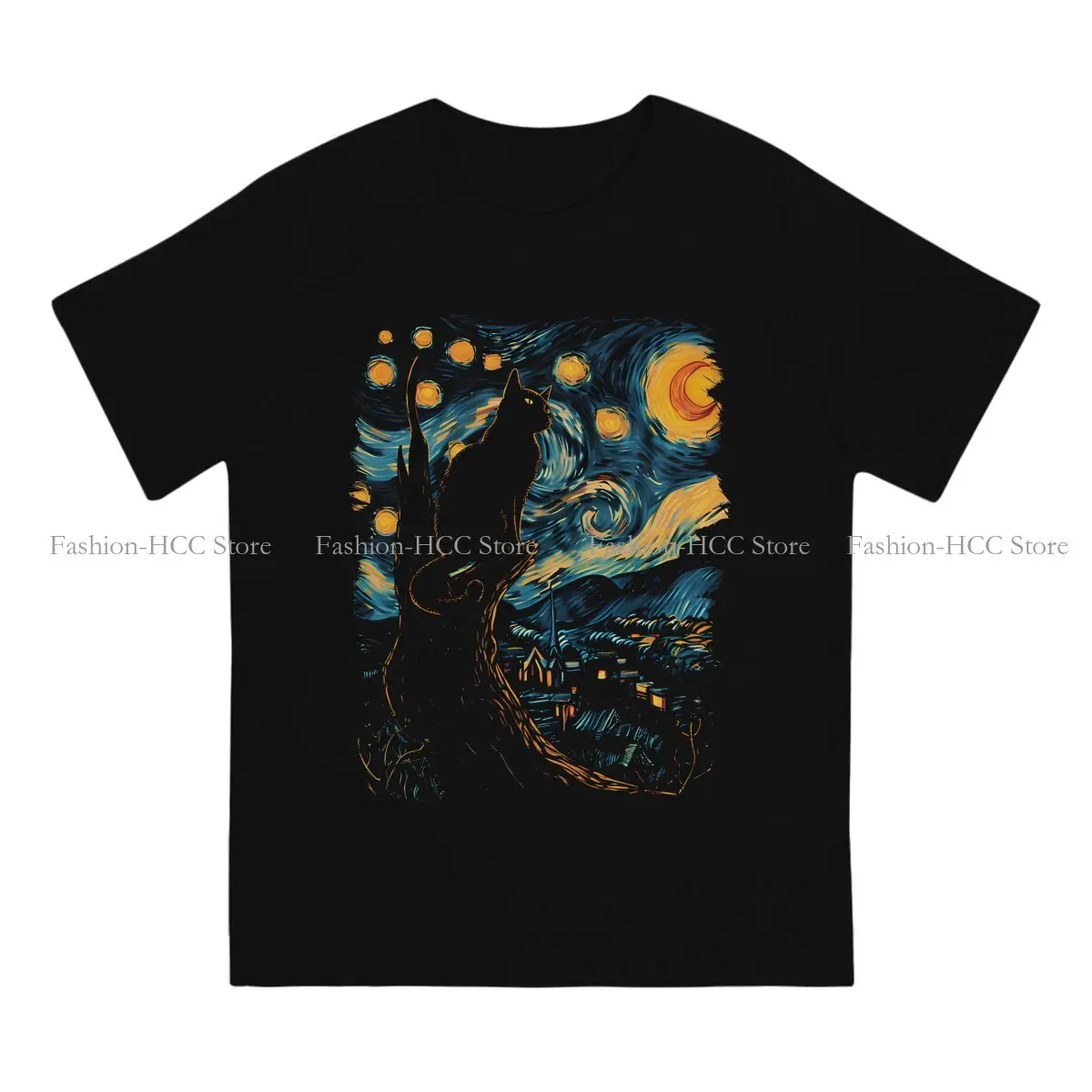 Vincent Van Gogh Starry Night O Neck TShirt Black Cat Fabric Classic T Shirt Men Clothes New Design