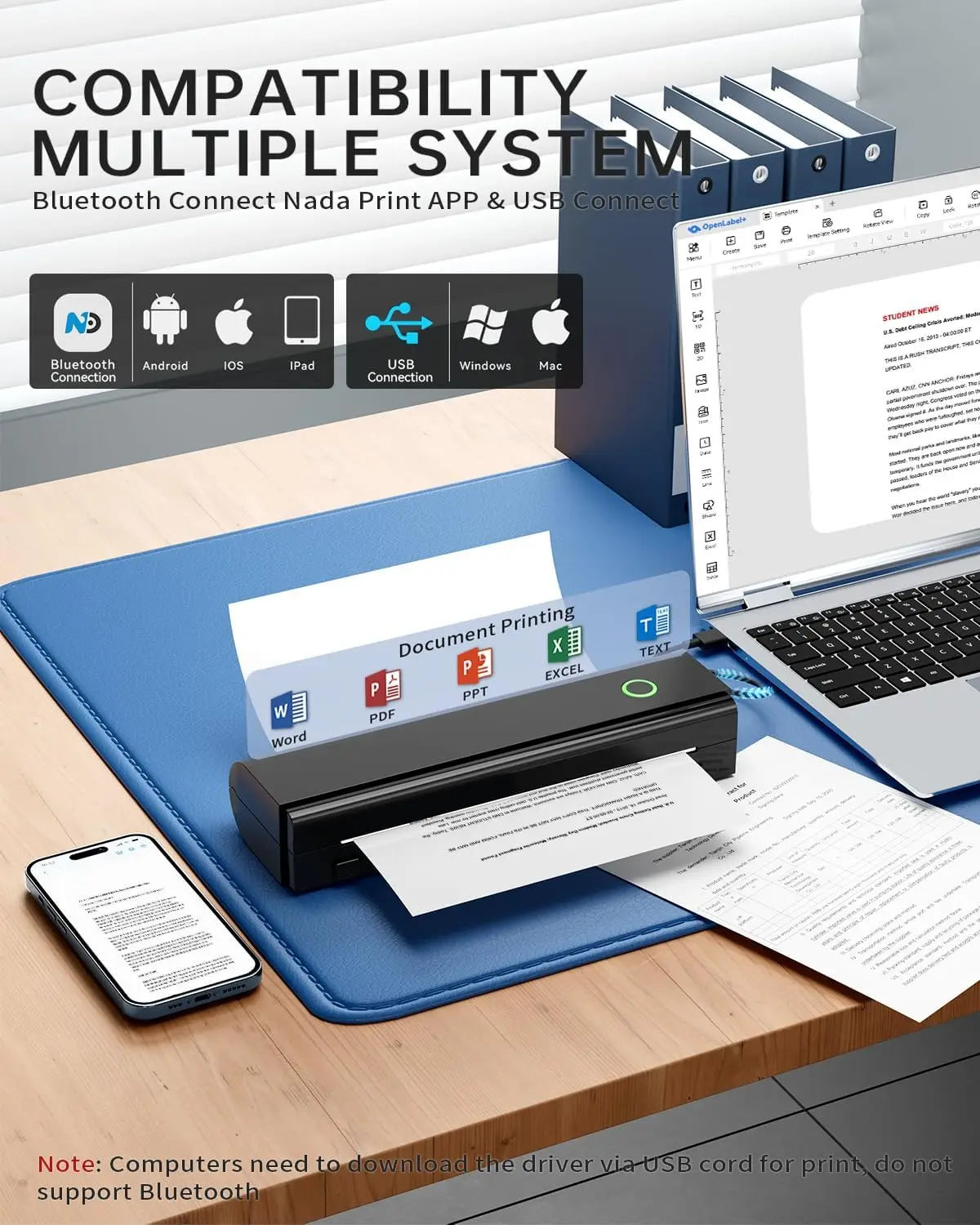 Беспроводной термопринтер N80, бесчернильный принтер Bluetooth, поддержка размеров 8,5 x 11 дюймов, американских букв и формата А4, совместимых с ноутбуком iOS Android