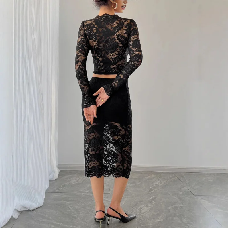 محطة مستقلة2025 الخريف والشتاء جديد مثير السيدات الدانتيل الجاكار شبه شفافة نصف طول تنورة مجموعة