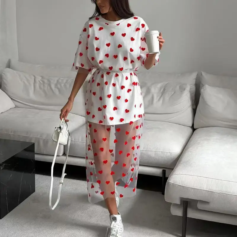 2025 herzförmige Mesh Spleißen Lose Sexy Frauen T-shirts Kurzarm T-shirt Kleid Europäischen Amerikanischen Stil Sommer T-shirts