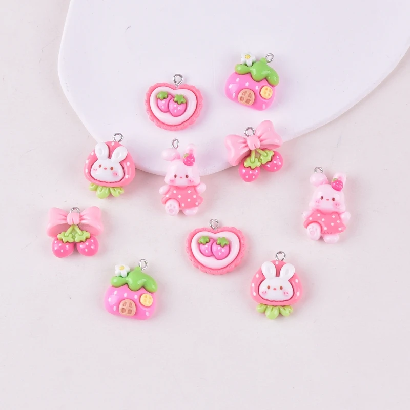 10pcs Cute Strawberry House Strawberry Rabbit Resin Charms for Earring Keychain DIY Decoration Fashion Jewelry Accessories