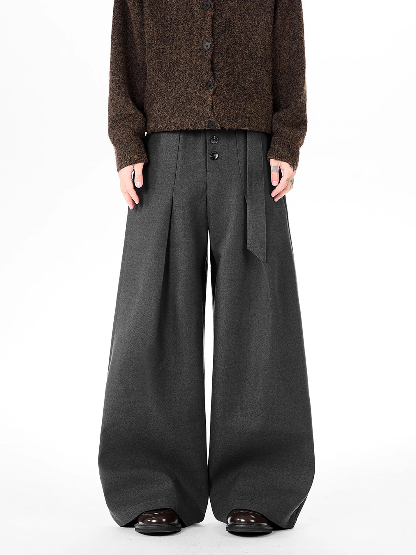 

Boyue Korean Version Buttoned A-Line Waist Adjustable Wide Leg Casual Pants ex High Waist Straight Leg Pure Color