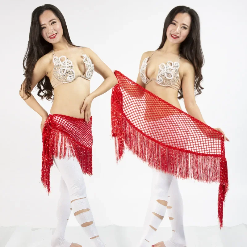 Women Adjustable Sequins Glittery Belly Dance Hip Scarf Tassel Fringe Dancewear Tribal Indain Practice Dancing Skirt Wrap Belt C