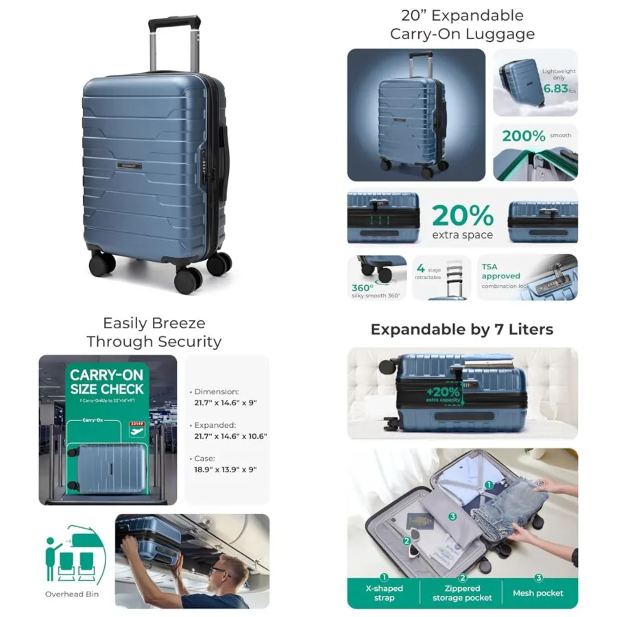 

Carry On Luggage 19 L x14 W x9 H Airline Approved with Spinner Wheels, Lightweight 20 Inch Luggage with TSA Lock, Expandable Ha