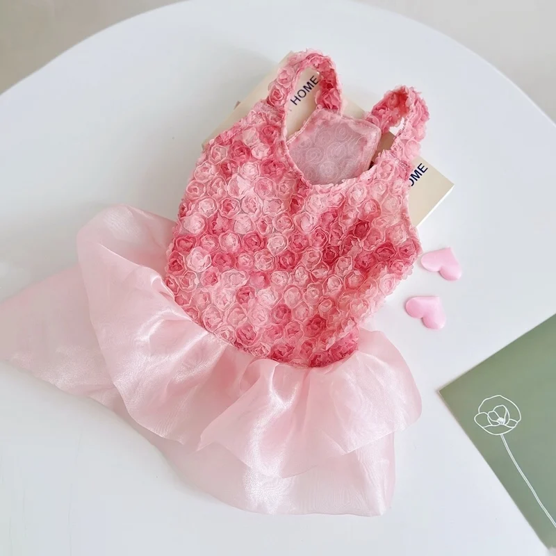 Rose Floral Cake Dress for Small Medium Dogs Gradient Pink Veils Kitten Clothing Multi Layered Maltese Puppy Spring Vest Skirt