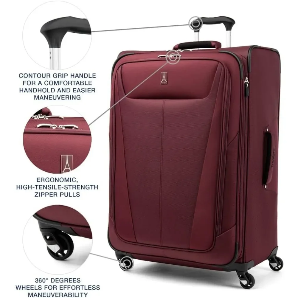 Lightweight Expandable 4-Wheel Spinner Luggage, Softside Suitcase for Men & Women, Burgundy Color, Travel-Friendly Large Capacit