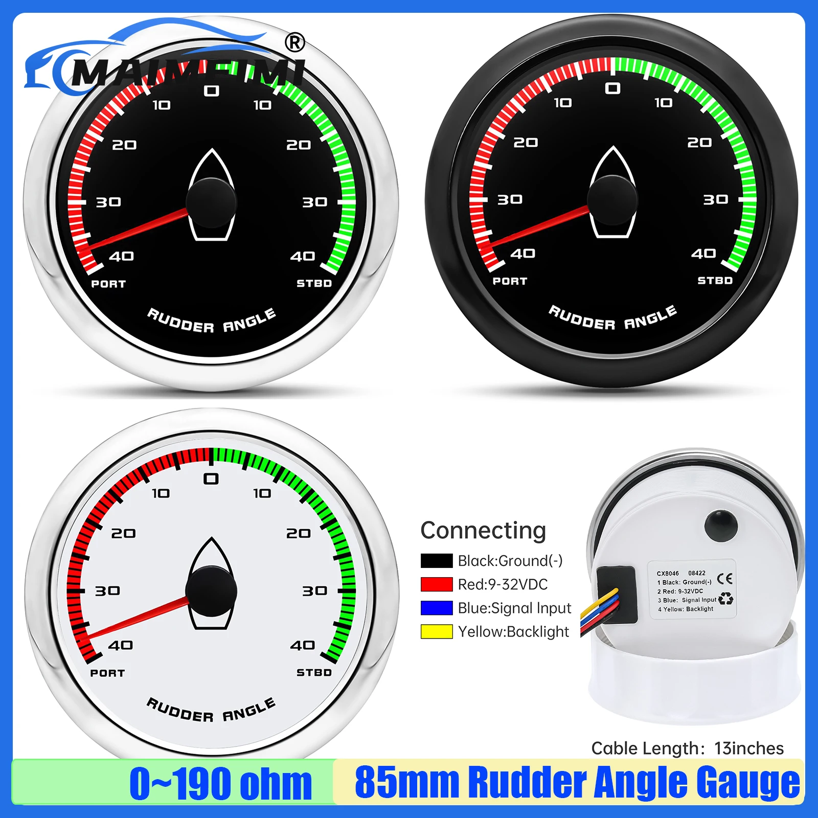 

85mm Rudder Angle Meter Indicator 0-190Ohm PORT-STBD Rudder Angle Gauge Waterproof for Gasoline Diesel Boat Marine Yacht