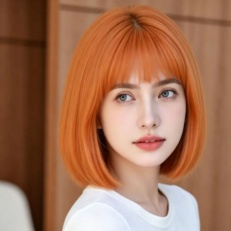 12-inch synthetic orange bob wig, with smooth short bangs and heat-resistant hair, suitable for everyday party looks.