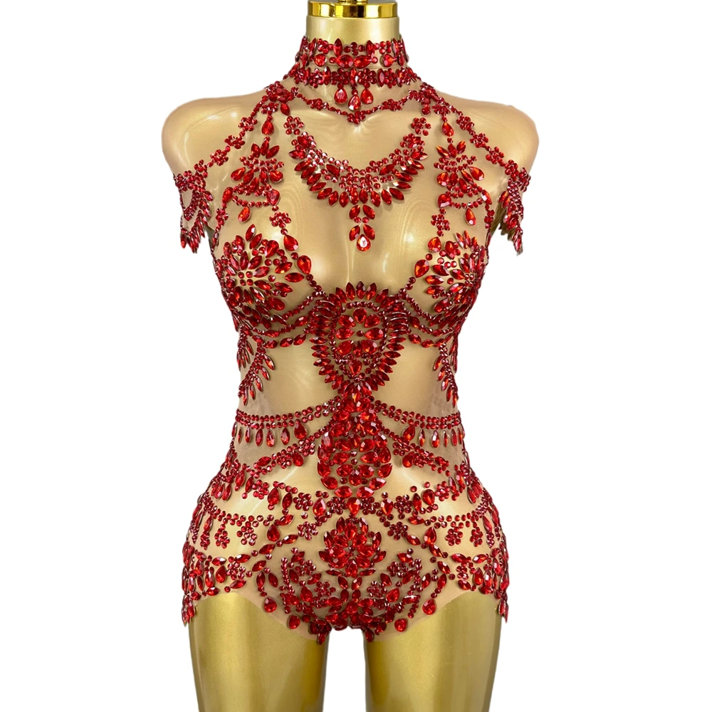 Sparkly Rhinestones Bodysuit Women Sexy Mesh Transparent Party Leotard Performance Dance Costume Singer Dancer Show Stage Wear