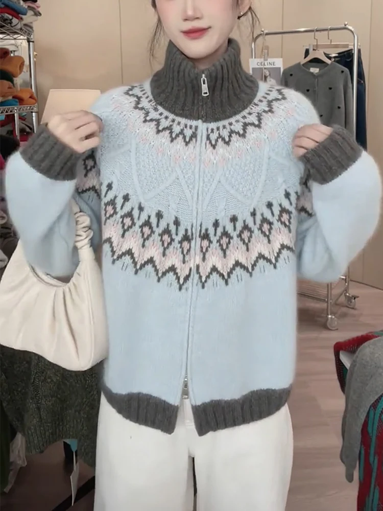 

Корейский вязаный свитер с высоким воротником, двойной молнией и узором Фейр-айл, осенне-зимний, больших размеров