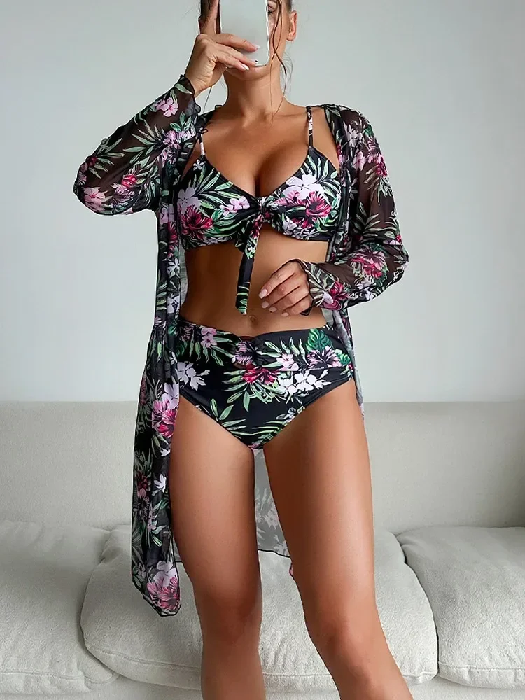 

Summer Bikini Set Women Floral Printed High Waist Swimsuit Long Sleeve Cover Up Print Three Pieces Bathing Suit Female Swimwear