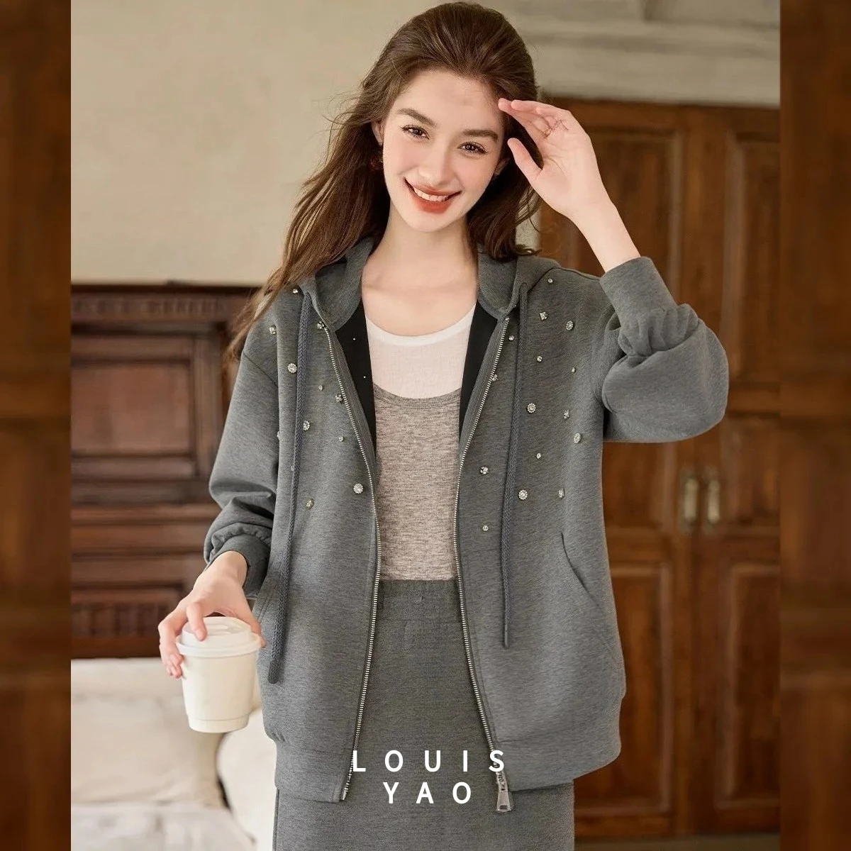 

LOUISYAO Casual Hooded Knit Coat 2025 Autumn Stylish Elegant Cardigan Original Design Loose Embroidered Flares Women's Coat