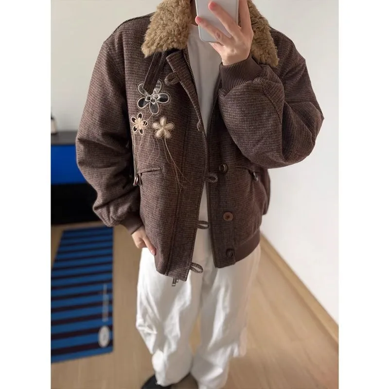 Thousand-bird Checkered Lapel Patchwork Warm Cotton-padded Clothes Men and Women in Autumn and Winter Loose Patchwork Embroidery